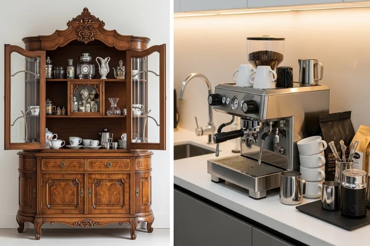 A beautiful but impractical cabinet contrasted with a functional coffee bar, espresso machine fitting perfectly.