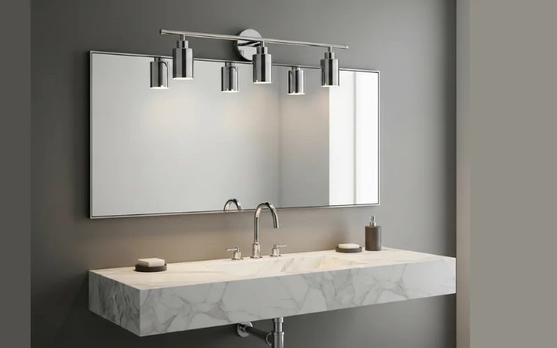 Modern chrome vanity light above white marble sink.