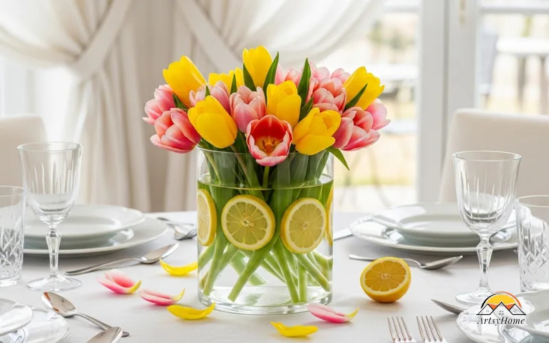 Glass vase with sliced lemons and tulips, fresh spring dining table centerpiece.