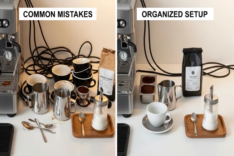 A comparison-style coffee bar showing common mistakes vs organized setup, messy cords vs clean layout, cluttered vs minimal coffee station