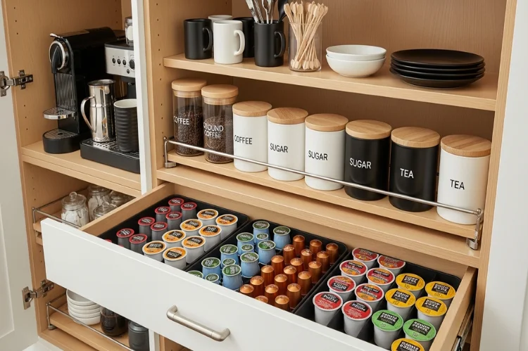 Smart coffee bar storage solutions inside cabinets and drawers, pod organizers, canisters.