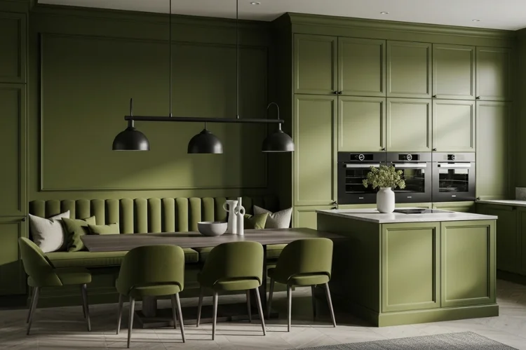 Modern kitchen with banquette, walls, trim, and furniture painted deep olive green, monochromatic dramatic design.