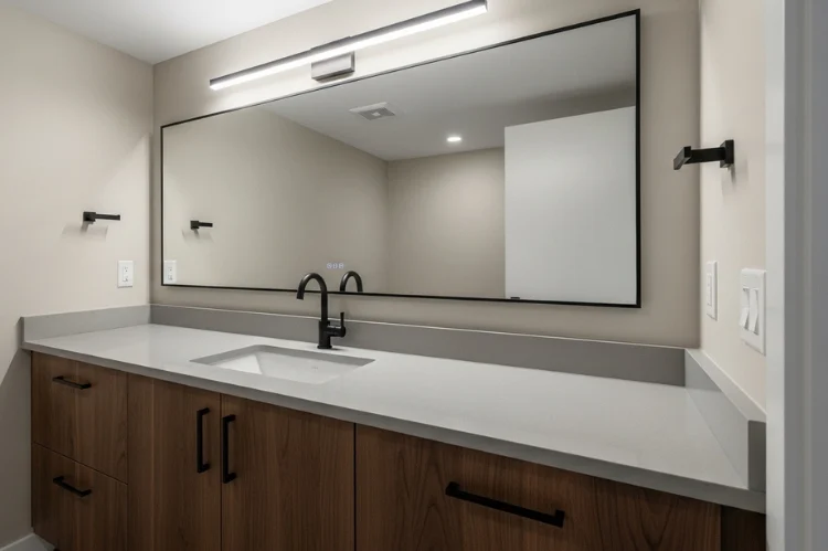 Bathroom vanity with matching matte black faucet, cabinet handles, and vanity light fixture, cohesive modern bathroom design, soft balanced lighting
