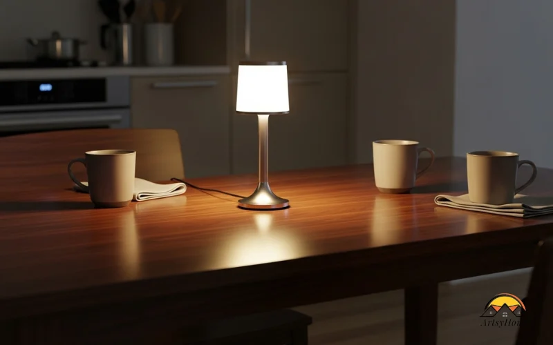 Modern kitchen table with cordless LED lamp centerpiece, warm ambient light.