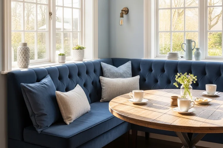 L-shaped corner banquette in a sunny breakfast nook, navy velvet upholstery, round wooden table, large windows with sunlight.