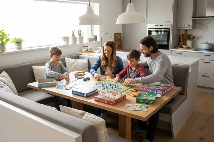 L-shaped corner banquette with board games and puzzles on the table, family interacting and playing.