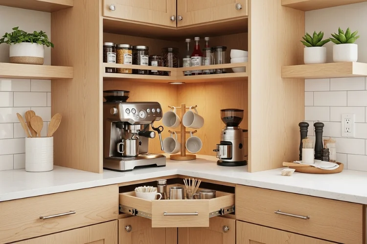 A corner coffee station cabinet fitted into a kitchen corner, space-saving layout, compact coffee setup.