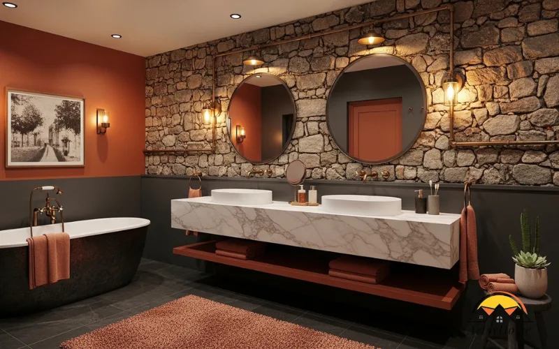 Luxury bathroom retreat blending Terracotta Chic colors and Industrial Glam textures.