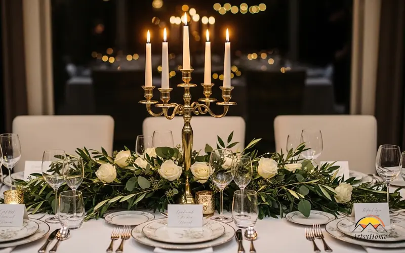Elegant dining table with brass candelabra, candles and greenery arrangement.