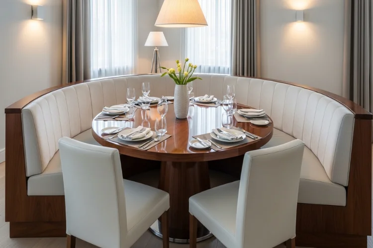 Elegant curved banquette seating in a bright dining area, light-colored upholstery, round wooden table in the center.