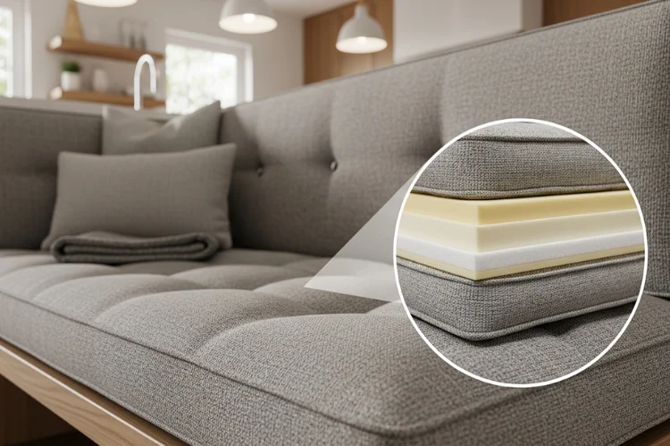 Banquette bench with cushions highlighted, showing thickness, firmness, and foam density, neutral upholstery, bright and cozy modern kitchen.
