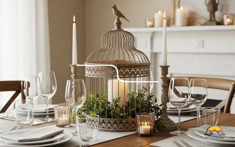 Vintage birdcage centerpiece with candles and greenery on dining table.