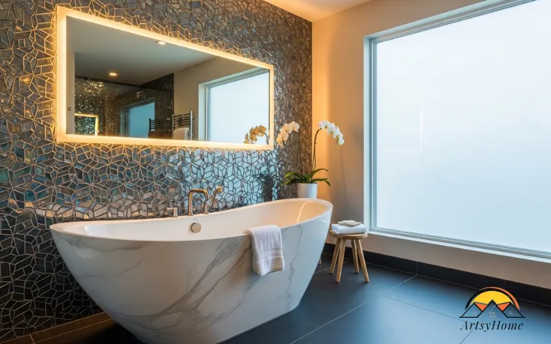 Bathroom with freestanding sculptural tub, accent wall of tiles, warmly lit mirror, showcasing focal point.