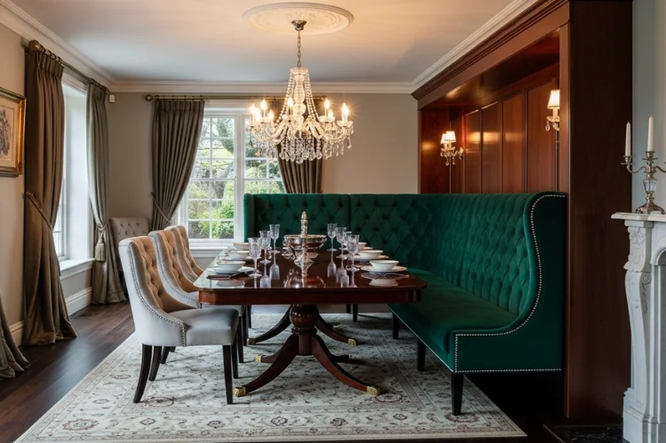 Elegant banquette seating in a formal dining room, high-back bench, nailhead trim details, large wooden table.