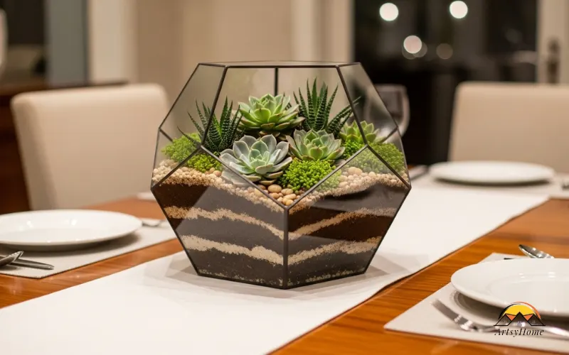 Glass terrarium centerpiece with succulents, pebbles and soil, modern dining table decor.