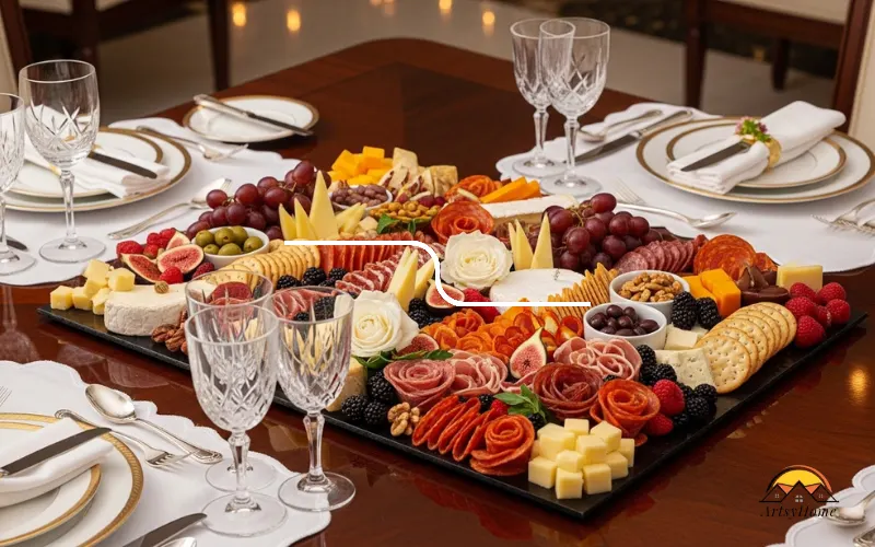 Charcuterie board styled as dining table centerpiece, elegant food display.