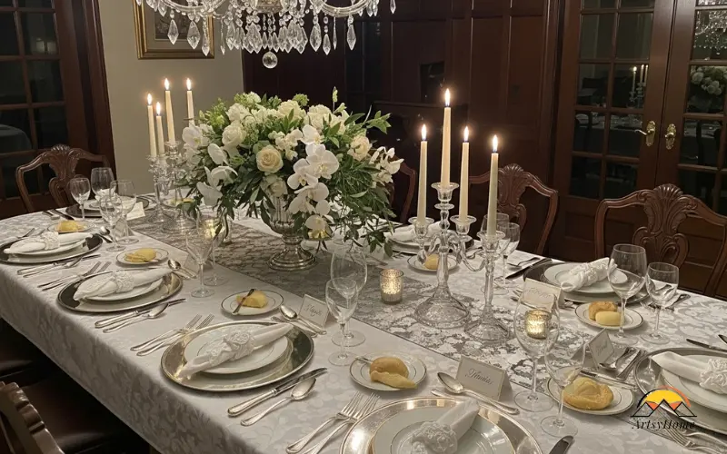 Formal dining table set for dinner party with elegant centerpiece.