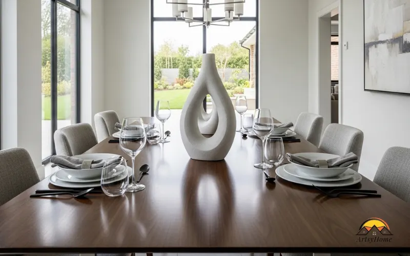 Modern dining table with empty sculptural ceramic vessel centerpiece.