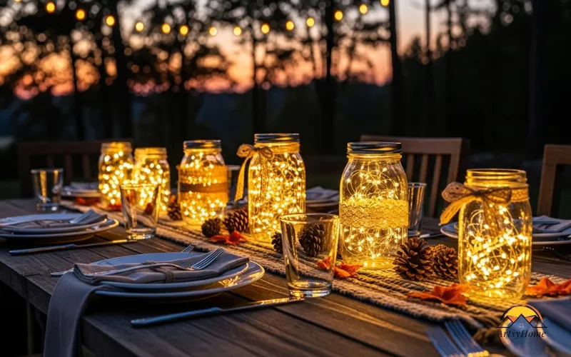 Mason jars filled with fairy lights, glowing evening dining table centerpiece, cozy ambiance.