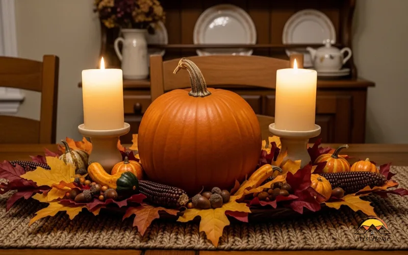 Fall dining table centerpiece with pumpkin and candle.
