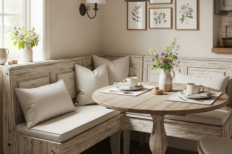 Rustic farmhouse-style banquette bench, distressed wood frame, linen cushions, small wooden dining table.