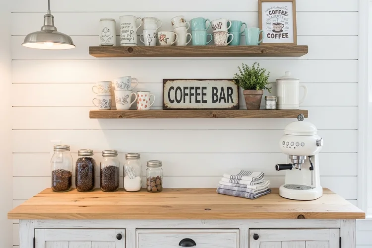 A farmhouse coffee bar cabinet with white shiplap wall, rustic wood shelves, vintage mugs, mason jars, cozy country kitchen atmosphere.