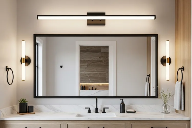Modern bathroom vanity with sleek matte black vanity light fixture above mirror,Contemporary vanity light fixture combining matte black frame with brushed gold accents,Spa-style bathroom with vanity lighting incorporating wood