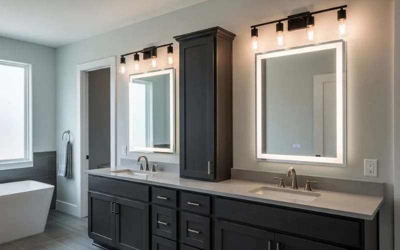 Modern bathroom featuring matte black and mixed metal vanity lights.