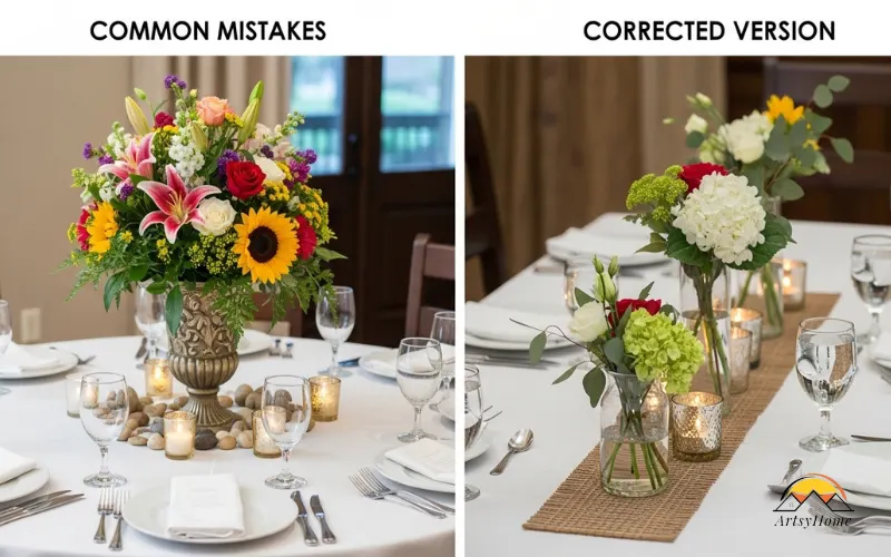Dining table showing common centerpiece mistakes and corrected versions