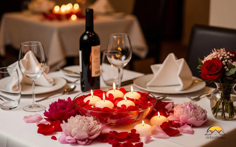 Floating candles in glass bowl with flower petals, romantic dining table.