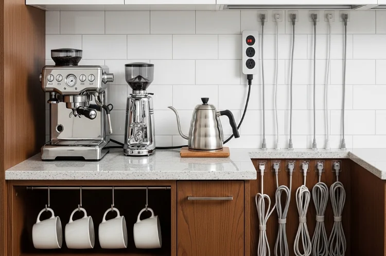 A comparison-style coffee bar showing common mistakes vs organized setup, messy cords vs clean layout, cluttered vs minimal coffee station