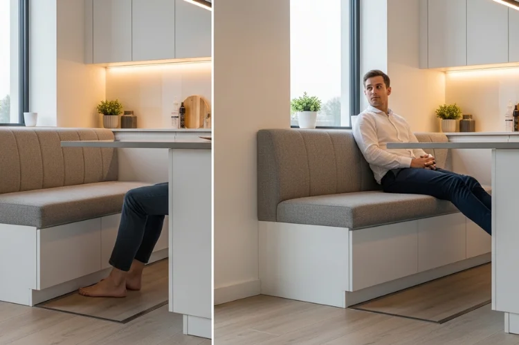 banquette bench without a recessed toe kick, a person’s feet hitting the front panel uncomfortably, compared with a properly designed banquette featuring a 3-inch recessed toe kick, modern kitchen interior