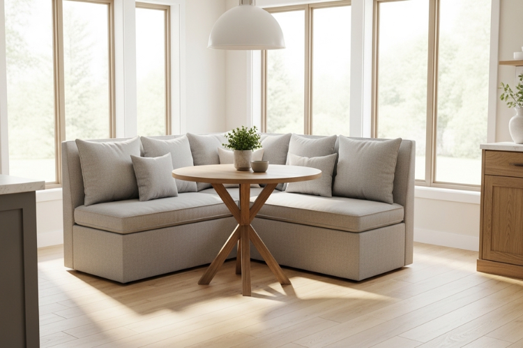 Freestanding upholstered banquette in a modern kitchen, simple neutral cushions, small wooden table, flexible.