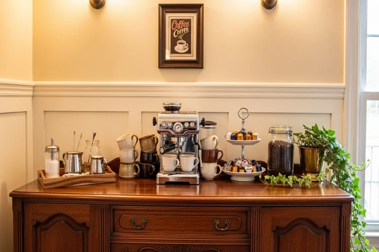 A freestanding wooden sideboard used as a coffee bar, antique furniture style, mugs and coffee accessories on top.