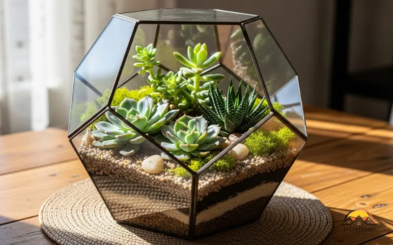 Geometric glass terrarium centerpiece with succulents.