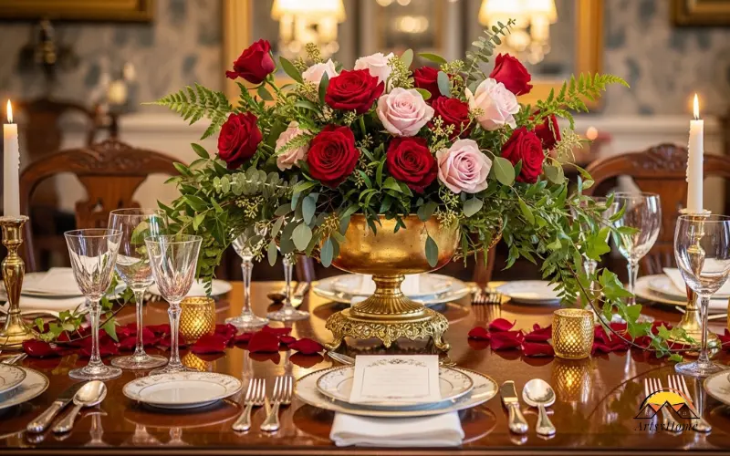 Gold footed compote filled with roses and greenery, luxury dining table.