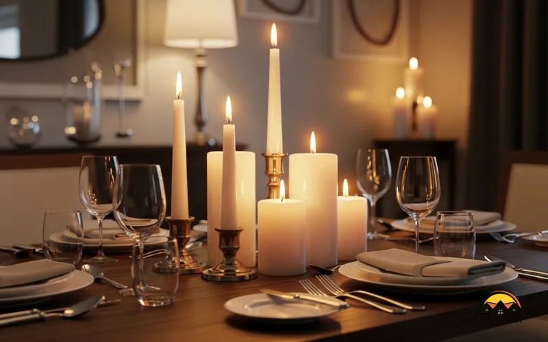 Mixed height candlesticks dining table centerpiece, warm cozy lighting.