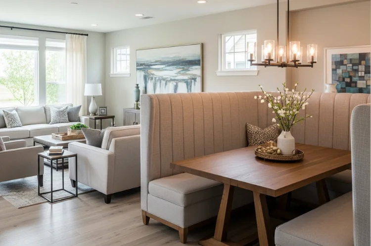 High back banquette seating in an open living-dining area, creating a sense of privacy, neutral upholstery, wooden table.