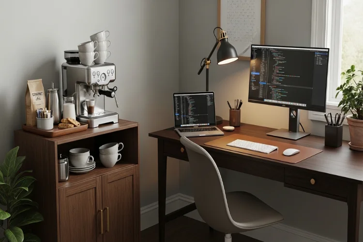 A compact coffee cabinet in a home office, coffee machine beside desk, productivity-focused workspace.