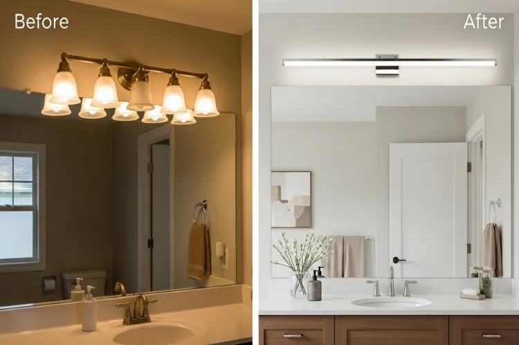 Before and after bathroom vanity lighting upgrade comparison, outdated brass fixture vs modern sleek LED vanity bar