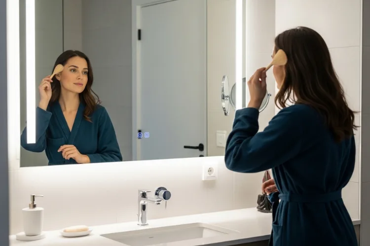 Modern bathroom vanity mirror showing person grooming under balanced neutral white lighting, soft shadow-free illumination, realistic skin tones