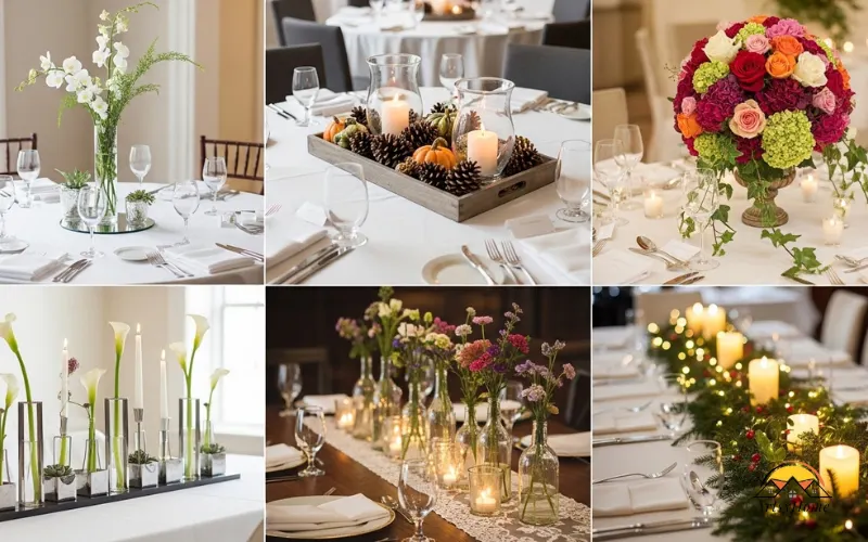 Dining table with different centerpiece styles shown on round and rectangular tables.