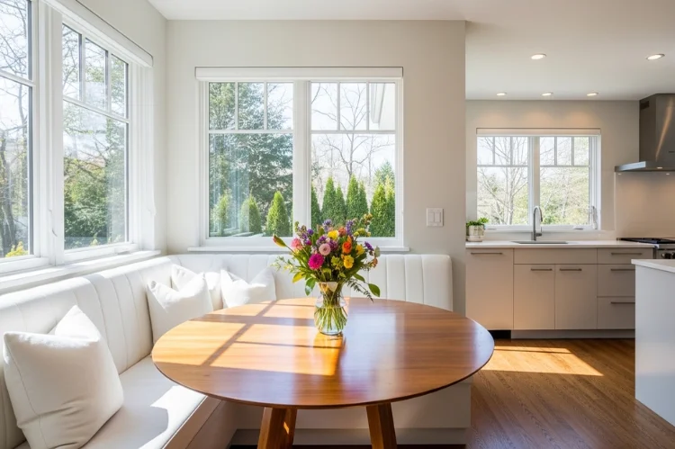 A bright and inviting modern kitchen featuring a corner banquette seating with white upholstered cushions.