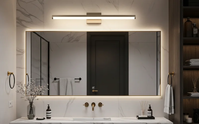 Modern bathroom interior, stylish vanity with mirror, matte black vanity bar lighting above mirror.