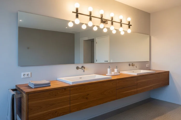 Modern bathroom vanity with large mirror and stylish vanity bar lighting above mirror, warm neutral lighting