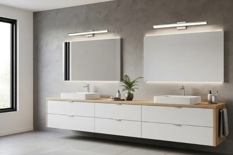 Modern bathroom with double vanity, two mirrors and properly spaced matching vanity light bars above each mirror, symmetrical balanced lighting
