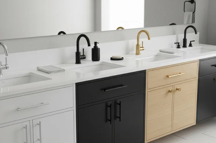 Modern bathroom vanity showcasing four different lighting finishes (chrome, matte black, brushed gold, mixed metal), each styled with matching faucet and cabinet hardware, clean neutral interior, realistic interior photography, 16:9 ratio