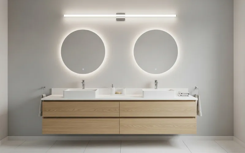 Modern bathroom vanity with correctly sized vanity light 75% mirror width, balanced proportions, clean interior design.