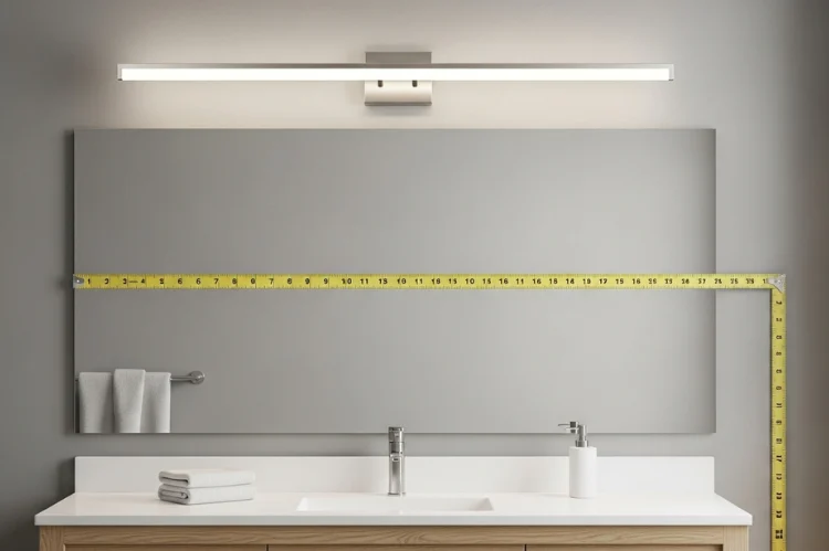 Measuring tape across bathroom mirror width, properly sized vanity light above mirror
