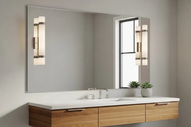Bathroom mirror with two wall sconces mounted on either side at eye level